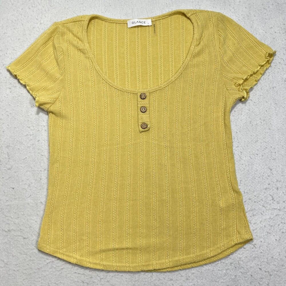 Glance Women's Large Short Sleeve Henley Button Up Pullover Stretch Yellow Top